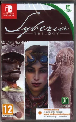 The image shows the front cover of a Nintendo Switch game case for the Syberia Trilogy. It features artwork of characters and a mammoth, along with game title and logos.