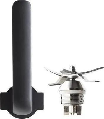 A black handle and a silver blender blade assembly are shown against a white background.