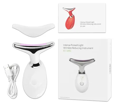 Immagine prodotto di Dispositivo di bellezza per lifting viso e collo, massaggiatore facciale EMS, terapia della luce LED, eliminatore del doppio mento, ringiovanimento cutaneo, rassodamento, antirughe. Colore: bianco con confezione