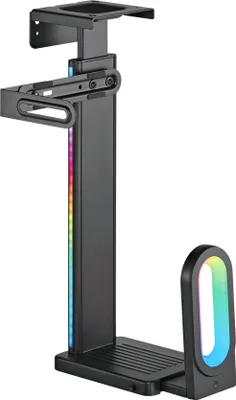 A black adjustable computer tower mount with RGB lighting.