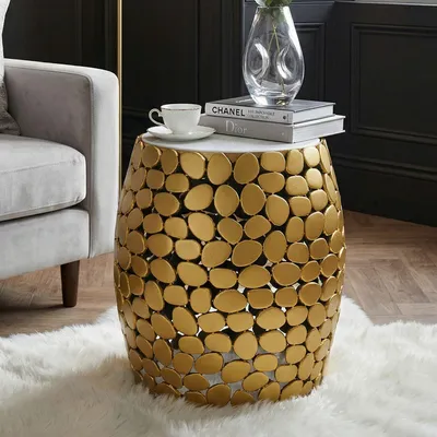 Immagine prodotto di FineBuy Tavolino rotondo 40 cm in alluminio dorato e piano in marmo bianco – Tavolino da salotto in alluminio – Tavolino da salotto in metallo Tavolino decorativo fatto a mano
