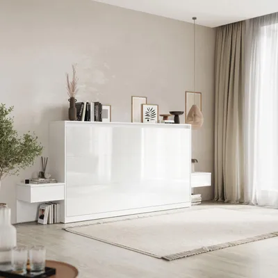Produktbild von SMARTBett Set 100-Schrankbett Horizontal CLASSIC mit 2 Nachtkonsolen Weiss Hochglanz