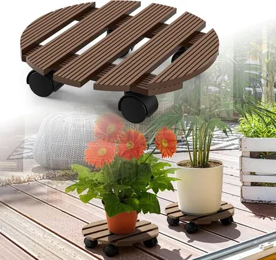 Obrázek produktu pro Izrielar WPC vozík na rostliny 30 cm, vozík na květiny s nosností 80 kg, podložka s kolečky, vozík na květináče, květináč (kulatý, hnědý)
