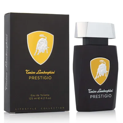 A black perfume bottle and its packaging are displayed against a white background.