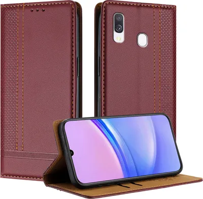 A dark red leather flip case for a Samsung Galaxy A40 phone, shown open with the phone inside.