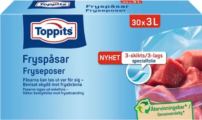 Produktbild von Toppits Gefrierbeutel 3L 30 Stück aus 35% recycelten Rohstoffen mit dreilagiger Folie und flexiblem Boden