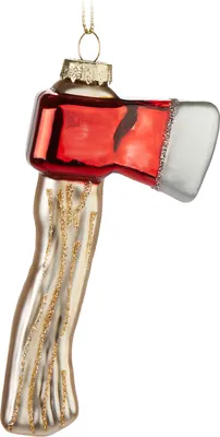 A glass Christmas ornament shaped like an axe.