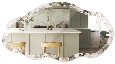 Produktbild von Organischer Design-Wandspiegel – unregelmäßige asymmetrische Form – 90x45 cm – Spiegel mit dekorativem Druck – moderne Wanddeko für Wohnzimmer, Flur und Schlafzimmer – Vintage-Rosen, KI-generiertes Bild