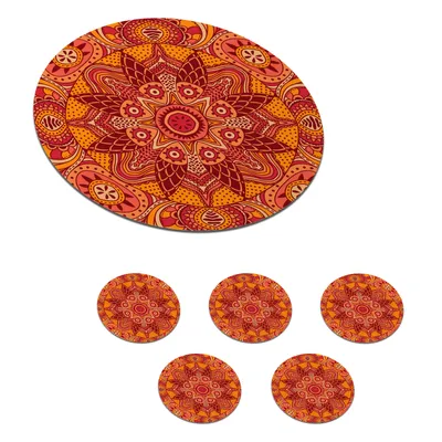 Produktbild von KitchenYeah®  Glasuntersetzer Rund 6er Set Mandala - Muster - Vintage - Orange - Rot 10x10 cm Untersetzer für Gläser - Getränkeuntersetzer - Tischplattenschutz - Tischuntersetzer für Tassen Tisch Bar