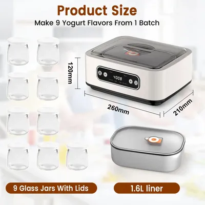 Produktbild von Multifunktionaler Joghurtbereiter - Automatisch - 1,6 l - Konstante Temperatur - Innenbehälter aus 304 Edelstahl - 9 Glasbehälter - Weiß