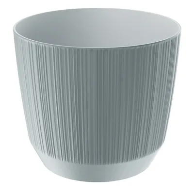 A plain white background shot of a grey plant pot.