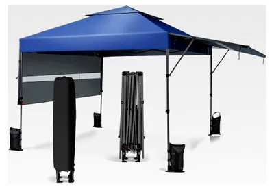 Produktbild von 3x3m Pop-Up Pavillon mit zwei Markisen, Faltpavillon mit Rolltasche, 4 Sandsäcken, UV-Schutz 50+, wasserdicht und stabil, winterfest, Gartenpavillon für den Garten (Blau)