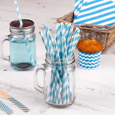 Produktbild von Papierstrohhalme in hellblau mit Streifen, 25 Stück