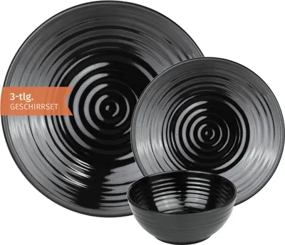 Produktbild von Camping Geschirr Set 1 Person 3-teilig | Melamin | Picknick Geschirrset | Campinggeschirr Stone Dark Black Design
