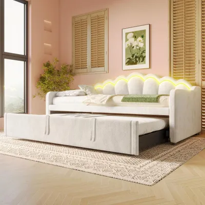 Produktbild von Multifunktionales Samt-Schlafsofa mit LED-Beleuchtung, Tagesbett mit ausziehbarem Design, wandelbar in Einzel- oder Doppelbett, 90x200/180x200cm, Beige