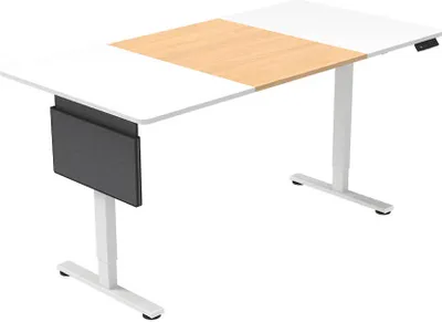 A white adjustable desk with a wood-colored section in the middle and a gray panel attached to the side.