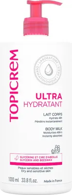 A bottle of Topicrem Ultra-Moisturizing Body Milk with a pump dispenser.