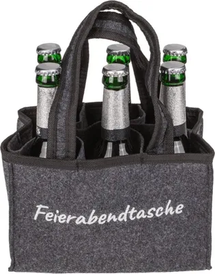 A six-pack of beer bottles in a grey felt carrier bag with handles.