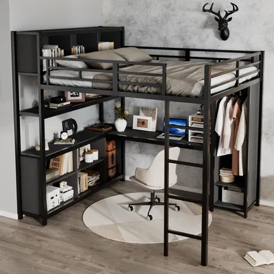 Produktbild von Eisenbett, Hochbett, Doppelstöckiger Stauraum unter dem Schreibtisch, Oberes Bett mit Stauraum, Mit Kleiderschrank, Eisen + Spanplatte , Schwarz, 140x200cm