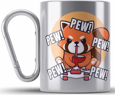 Produktbild von Trendation - Gamer Panda Edelstahl Tasse Karabiner Kinder Geschenkidee für Jungs Mädchen Lustige Grafik Gaming Jungen Pew (Silber)