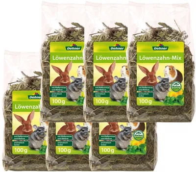 Produktbild von Dehner Nagersnack, Nagerfutter 100 % natürlich, für Kaninchen / Nagetiere, Löwenzahn mit Heu / Pfefferminze / Melisse, 6 x 100 g (600 g)