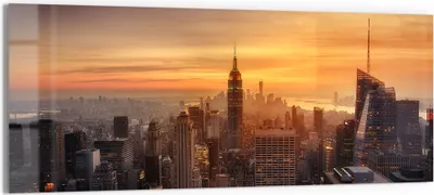 Produktbild von DEQORI Glasbild Echtglas 125x50 cm 'Goldene Stadtsilhouette' Wandbild Bild modern Deko