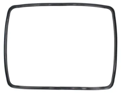 A black rubber gasket with rounded corners, laid flat against a white background.