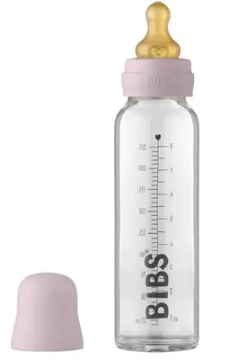 Zdjęcie produktu dla Szklany buteleczka antykolkowa BIBS – 225 ml z gumowym smoczkiem rozmiar S, liliowy