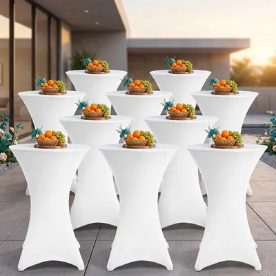 Produktbild von Ikodm 10er Set Stehtischhusse Stretch Weiß – Elastische Husse für Bistrotisch Ø 70–75 × 110 cm mit 4 Fußlaschen