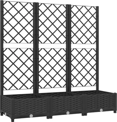 A black planter box with a trellis attached, shown against a white background.