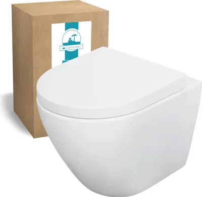 Produktbild von Calmwaters® Wand WC spülrandlos Weiß, mit WC-Sitz, Raumspar WC: 45 cm Ausladung, mit Absenkautomatik, Tiefspüler, Hänge WC, Wandmontage, Sanitärkeramik, 08AB6159