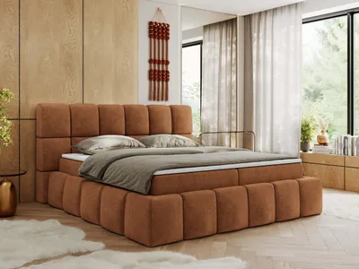 Produktbild von MKS MEBLE Boxspringbett, Doppelbett NIRA mit dekorativem Kopfteil, Multipocket-Matratze und Topper, Polsterbett mit Bettkästen - 140 x 200 cm - H4 - Orange Struktur