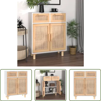 Produktbild von The Living Store Sideboard Weiß 60x30x75 cm Massivholz Kiefer und Natur-Rattan