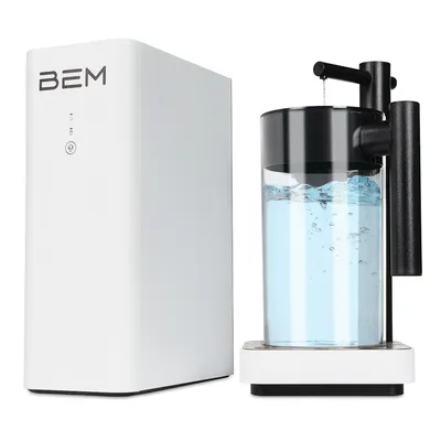 A white water filter system and a glass container filled with blue water are shown against a white background.