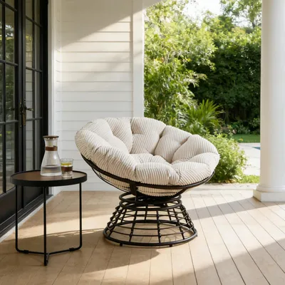 Image de LVHOM Fauteuil Papa pivotant à 360°, fauteuil lounge avec coussins, fauteuil pivotant avec structure métallique, fauteuil de lecture en velours côtelé pour le salon et l'extérieur, 92 x 67 cm, blanc