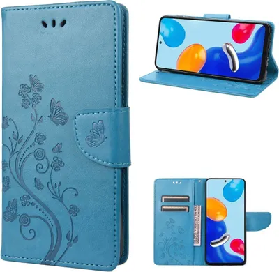 Collage of a blue phone case with butterfly design, showing its front, open, and with a phone inside.