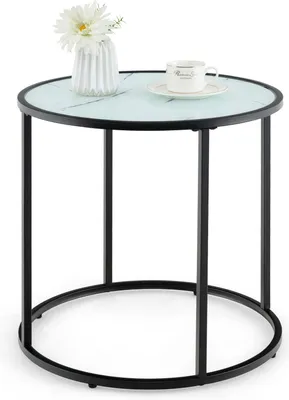 Produktbild von COSTWAY Glas-Endtisch, 50 cm runder Beistelltisch mit Metallrahmen und Marmorimitation Glasplatte, moderner Kaffeetisch Schwarz & Weiß