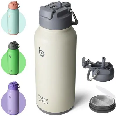 Produktbild von Isolierflasche 1L Edelstahl grau mit Strohhalm