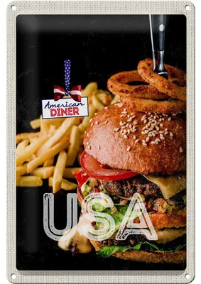 Produktbild von Blechschild Reise 20x30cm USA Burger Pommes Zwiebelringe essen