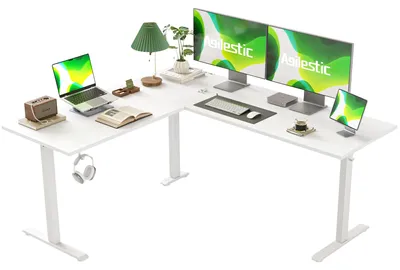 Elektrisch höhenverstellbarer L-Schreibtisch, 160x140 cm, Weiß