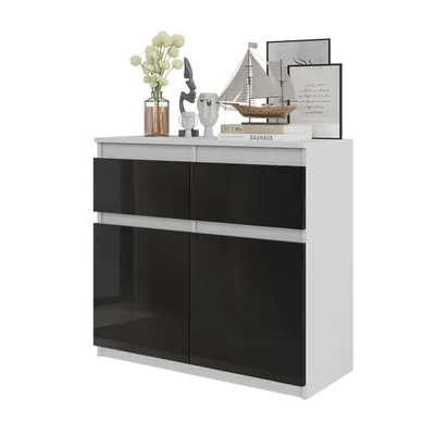 Immagine prodotto di FURNICA - NOAH - Cassettiera / credenza con 2 cassetti e 2 ante - Bianco opaco / Nero lucido H75cm L80cm P35cm