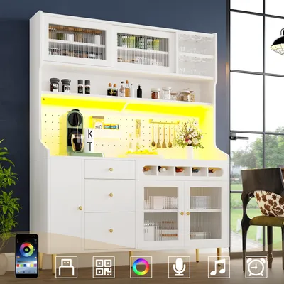Image de Armoire haute Flieks avec casier à bouteilles et porte-verres, buffet de cuisine Armoire de cuisine avec cuir, buffet haut avec étagères perforées, blanc