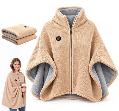 Produktbild von Heizdecke zum Umhängen 150 × 80 cm, USB-Heizcape mit Reißverschluss, 3 Heizstufen, weiches Fleecefutter, Beige