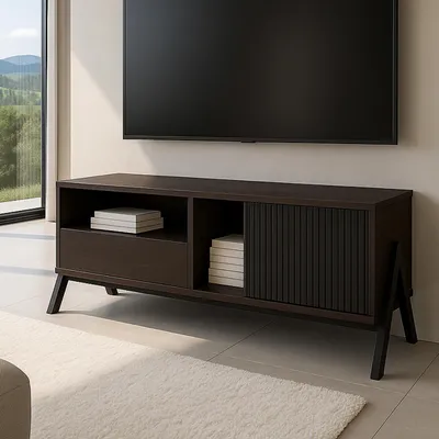 Produktbild von TV-Rack HWC-O40, Lowboard TV-Schrank Schiebetür Staufächer Schublade, MDF Metall Melamin 49x120x40cm Walnuss-Optik