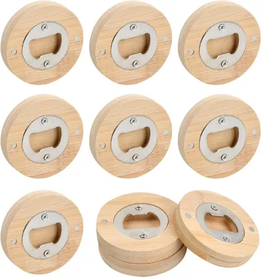Productafbeelding van Ronde houten bierflesopeners - Set van 10 - Roestvrij staal - Magnetisch - Diameter 6,5 cm