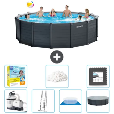 Produktbild von Intex runder Pool mit graphitgrauem Paneel – 478 x 124 cm – inklusive Pumpe – Leiter – Bodenplane – Abdeckung Wartungspaket - Filterbälle - Bodenfliesen