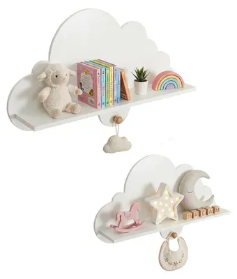 Produktbild von KOMFOTTEU 2er Set Wandregal, wandmontiertes Wolkenregal, schwebendes Bücherregal mit Haken, platzsparendes Holzregal, niedliches Aufbewahrungsregal für Schlafzimmer, Kinderzimmer, Kindergarten, KI-generiertes Bild