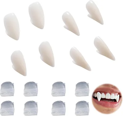 Obrázek produktu pro 4 sady zubů upíra na Halloween – zuby upíra s lepidlem – falešné špičáky, 4 velikosti – ideální pro cosplay a party