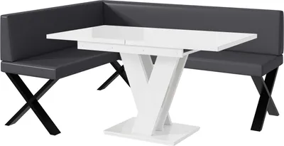 Produktbild von MEBLINI Eckbank für Esszimmer mit ausziehbarem Tisch  - Küchenbank - Essecke - Sitzecke Küche - TONI - X-Beine 128x168x87cm Links - Grau Kunstleder/M Weiß Hochgl.