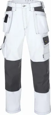 A pair of white and gray work pants with multiple pockets.